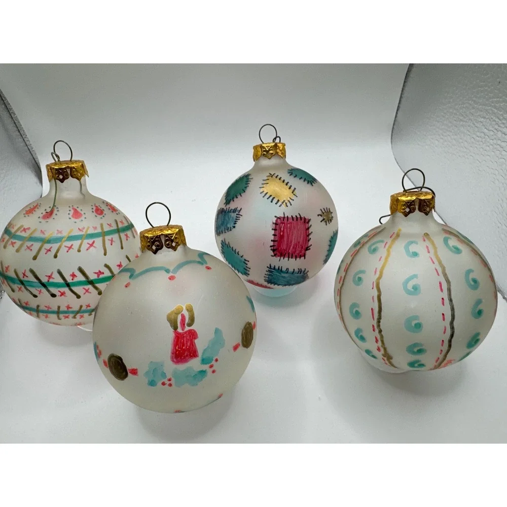 Vintage 1994 Polites Hand Painted Frosted Glass Christmas Ornaments Set of 4